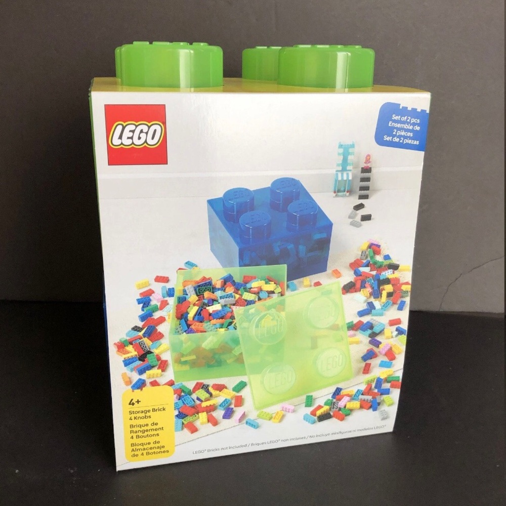 LEGO Storage Brick Box 4 Knobs Set of 2 Pieces Blue Green 10”x6” Each New
